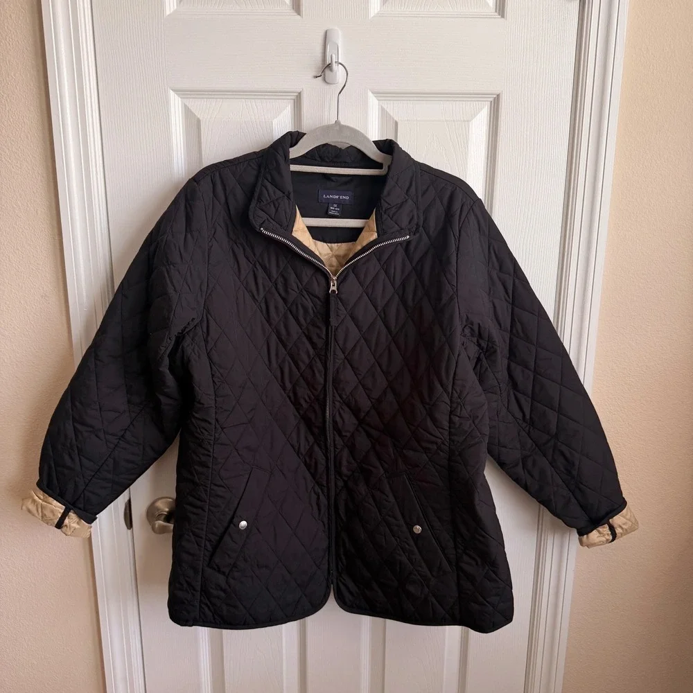 Lands End Black Quilted Barn Jacket Womens 1X 16W-18W Full Zip Tan Lining